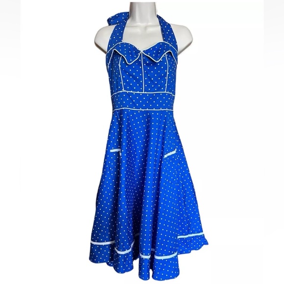 Hell Bunny Dresses & Skirts - Hell Bunny Vixen Blue White Polka Dot Halter Swing Dress Size Large
